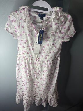 Polo by Ralph Lauren White Dress with Pink Floral Print and Ruffle Hem